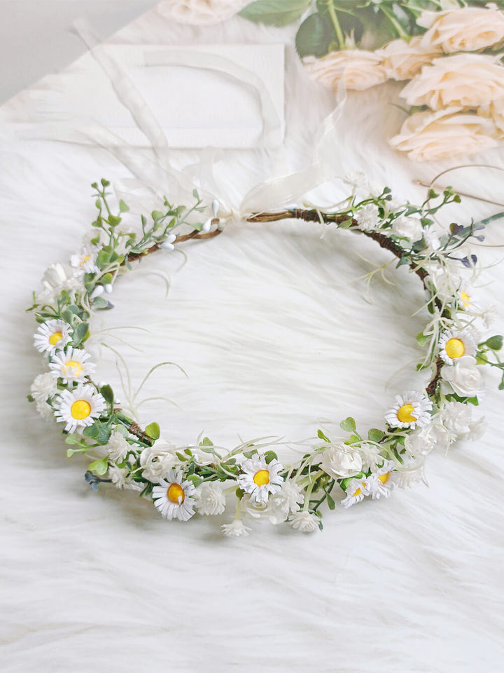 Bridal Flower Crown - Small White Daisy Eucalyptus Leaves