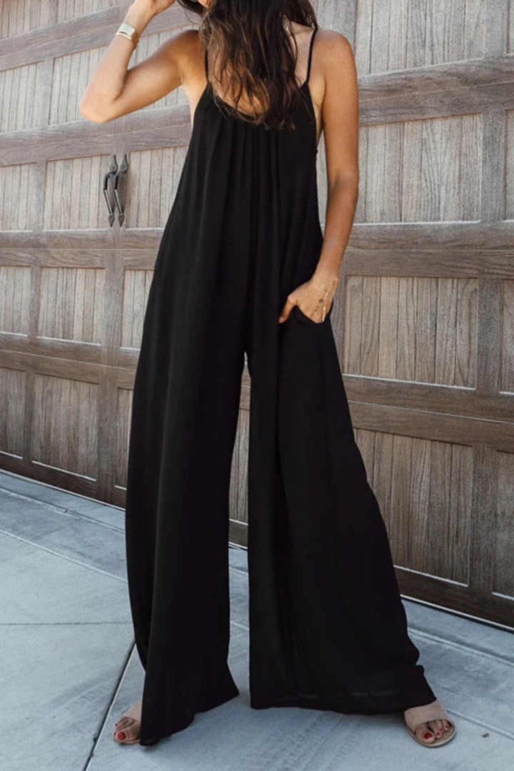Solid Patchwork Spaghetti Strap Oversized Maxi Jumpsuit In Black
