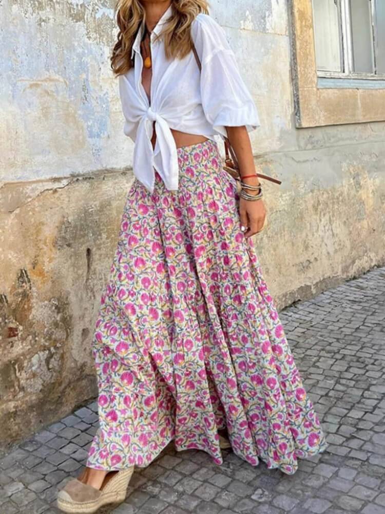 Rose Floral Print Boho Maxi Skirt