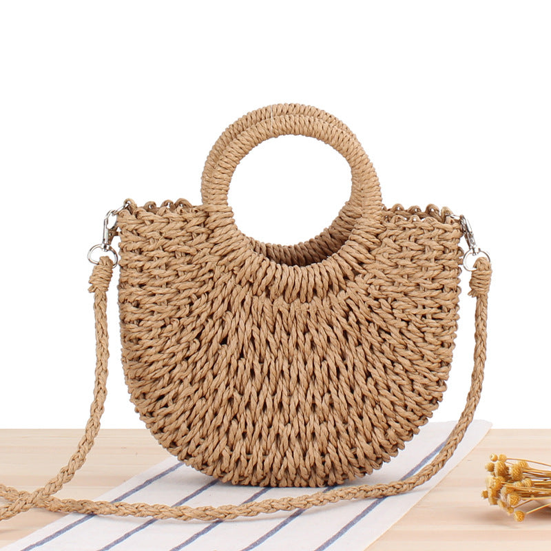 Vintage Coin Buckle Handbag: Woven Cotton Rope with Round Rattan Handle and Diamond Hollow Pattern