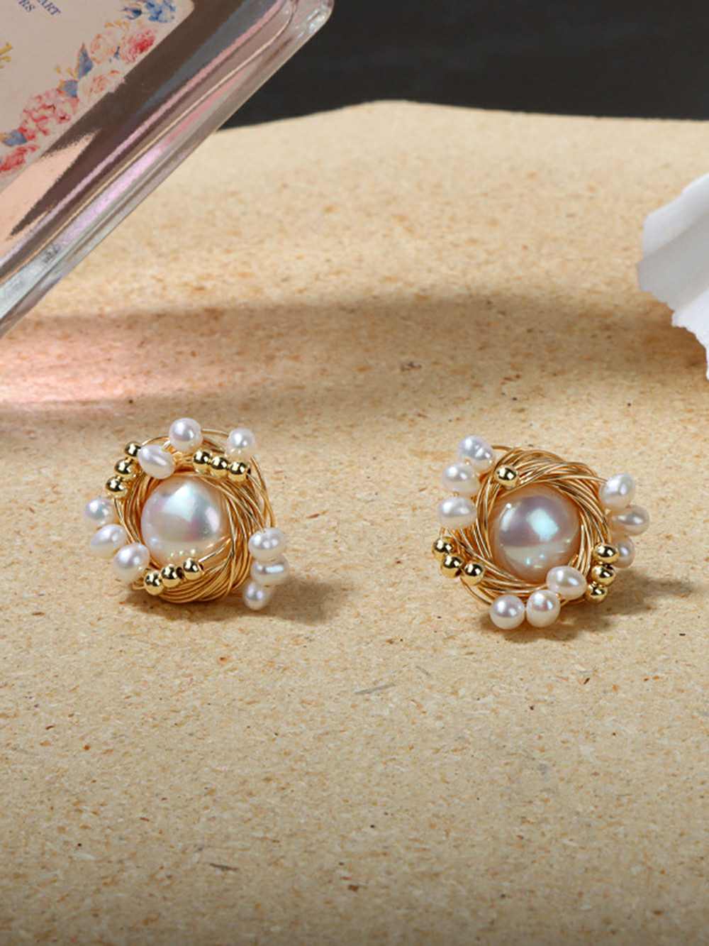 Vintage Handcrafted Bird's Nest Design Natural Pearl Earrings