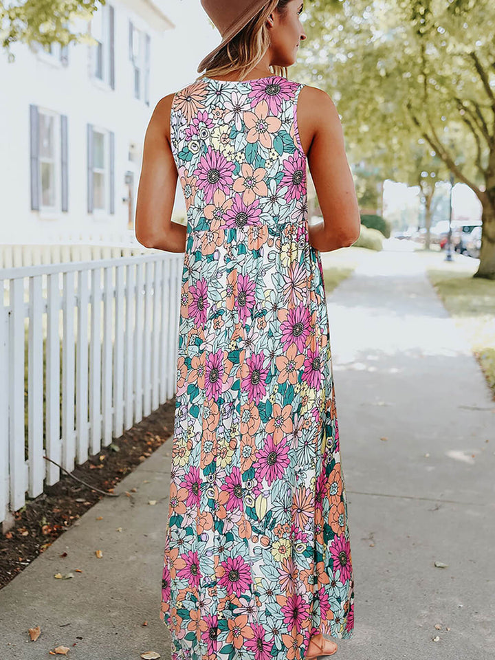 Sleeveless Maxi Dress: High Waist Hippie Floral
