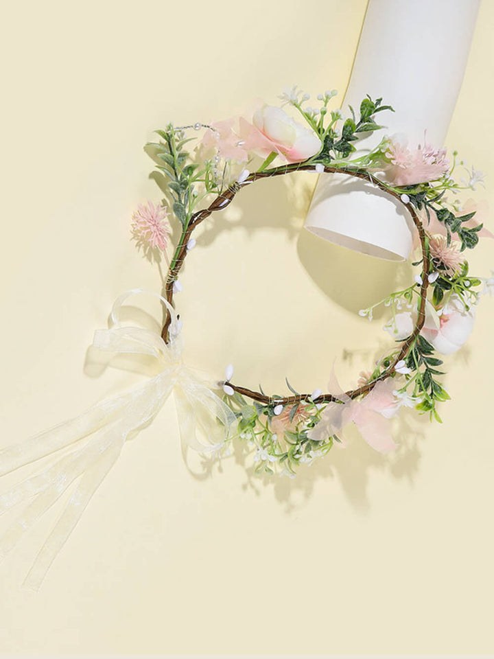 Bruidsbloemkroon - Roze Dahlia Chrysant & Witte Rozen