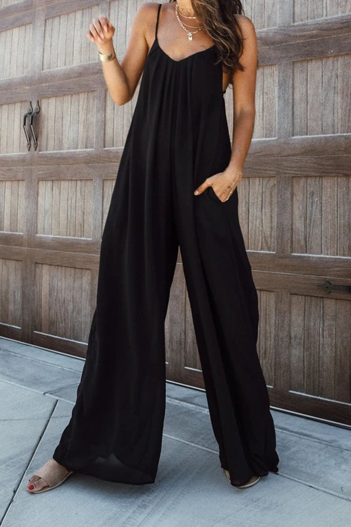 Solid Patchwork Spaghetti Strap Oversized Maxi Jumpsuit In Black