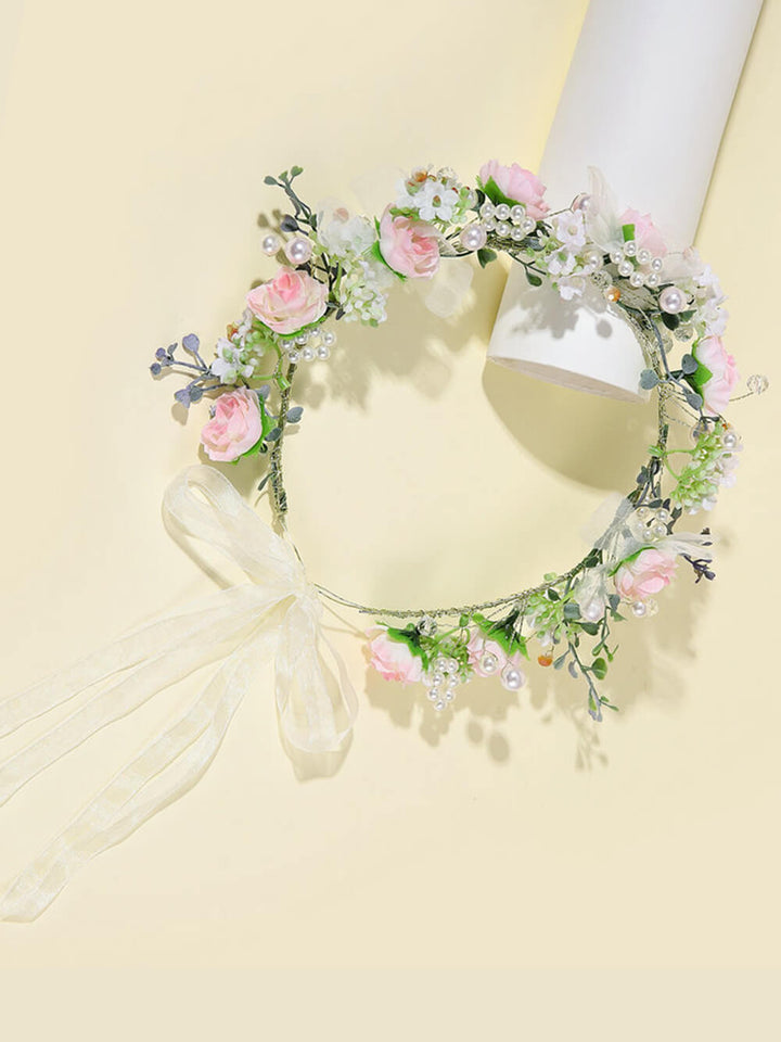 Bridal Flower Crown - Dreamed White Pearl Pink Roses
