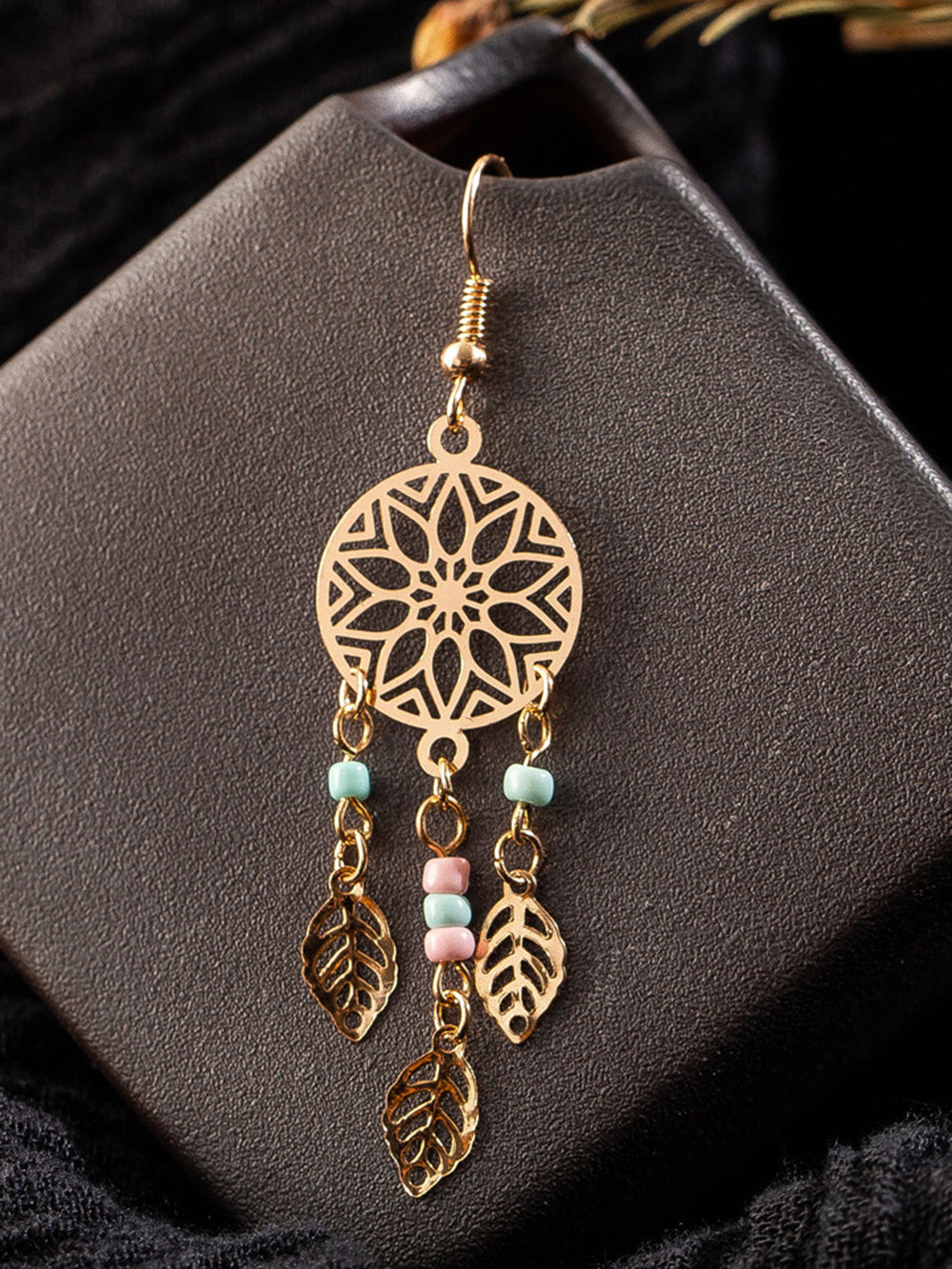 Boho øredobber - Floral Circle Beaded Tassel Leaves
