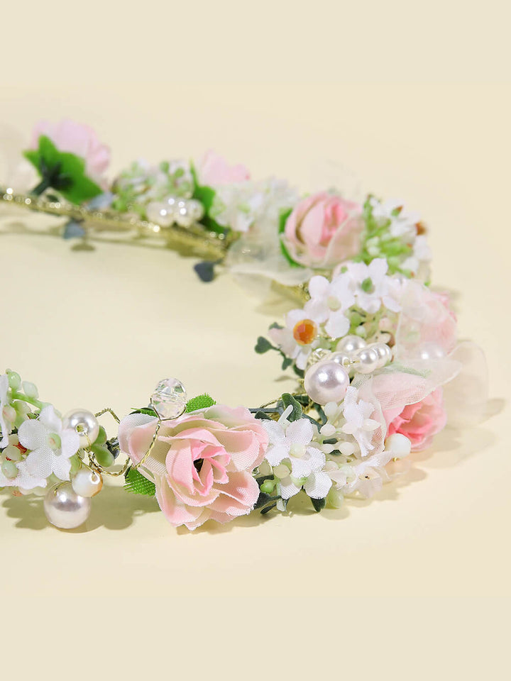 Bridal Flower Crown - Dreamed White Pearl Pink Roses