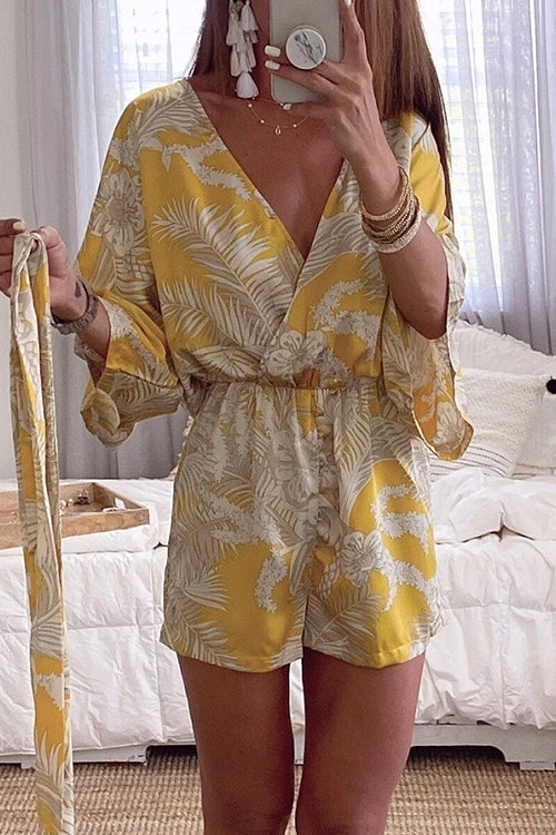 Kimono V Neck Leaf Print Wrapped Batwing Romper In Yellow