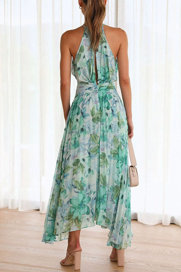 Aqua Floral Print Halter Cutout Neck Pleated Maxi Dress