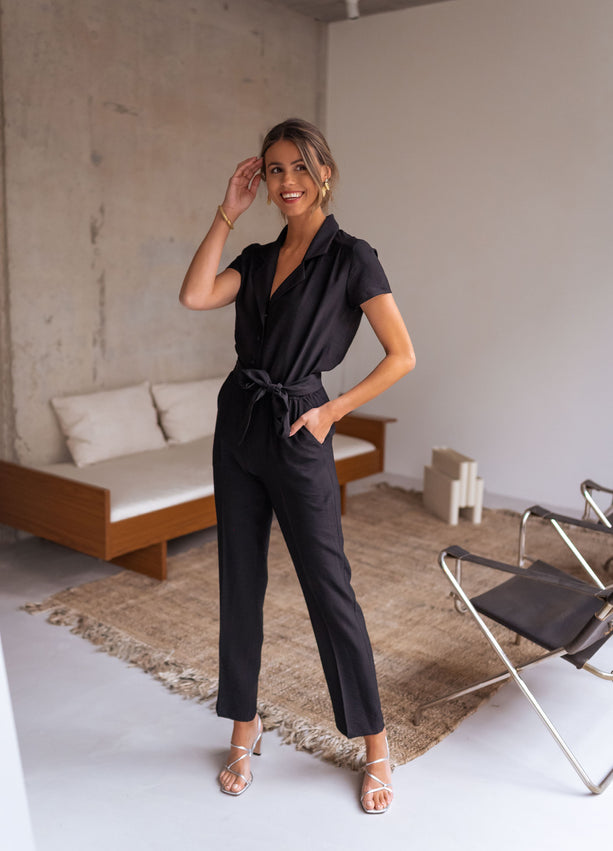 Black Belted Button Down Jumpsuit
