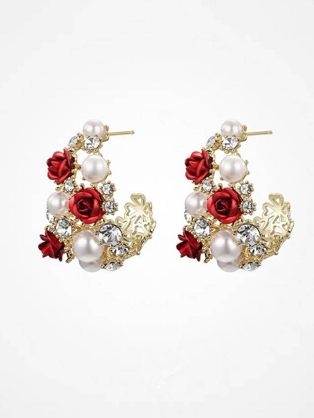C-Shaped Rose and Pearl Earrings