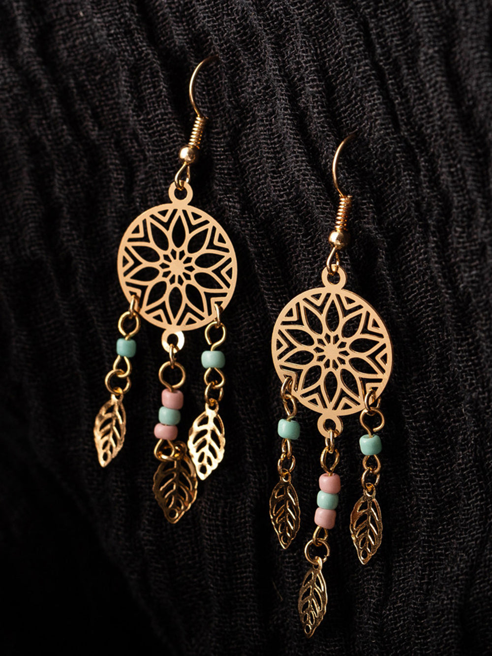 Boho øredobber - Floral Circle Beaded Tassel Leaves