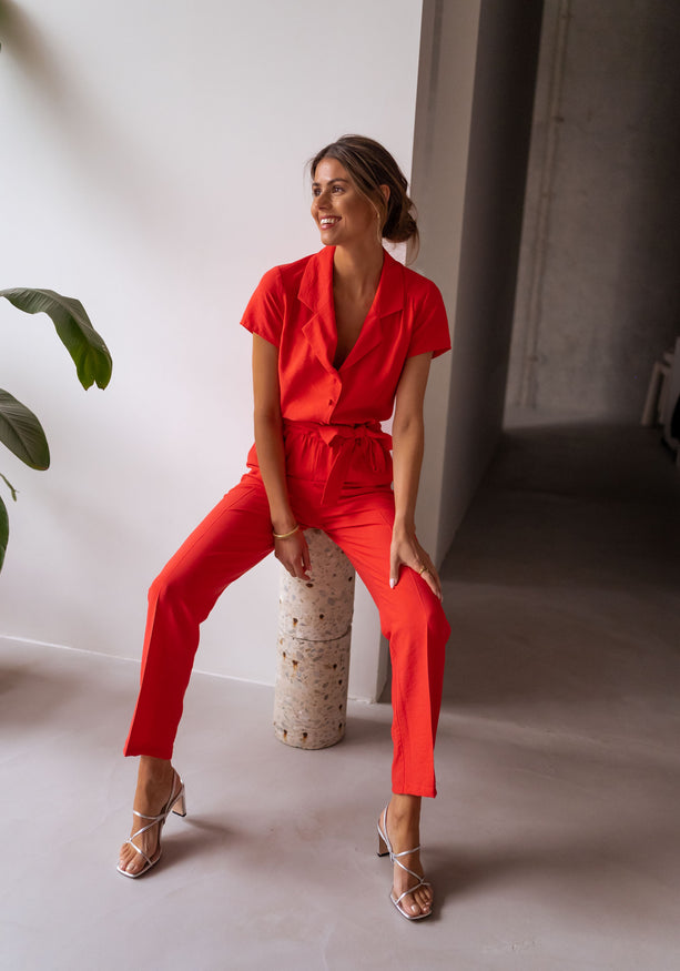 Coral Belted Button Down Jumpsuit