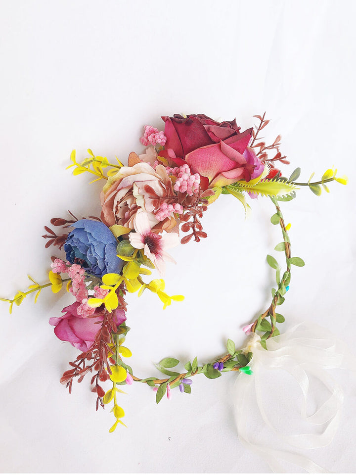 Bridal Flower Crown - Burgundy & Navy Roses Mauve Daisy