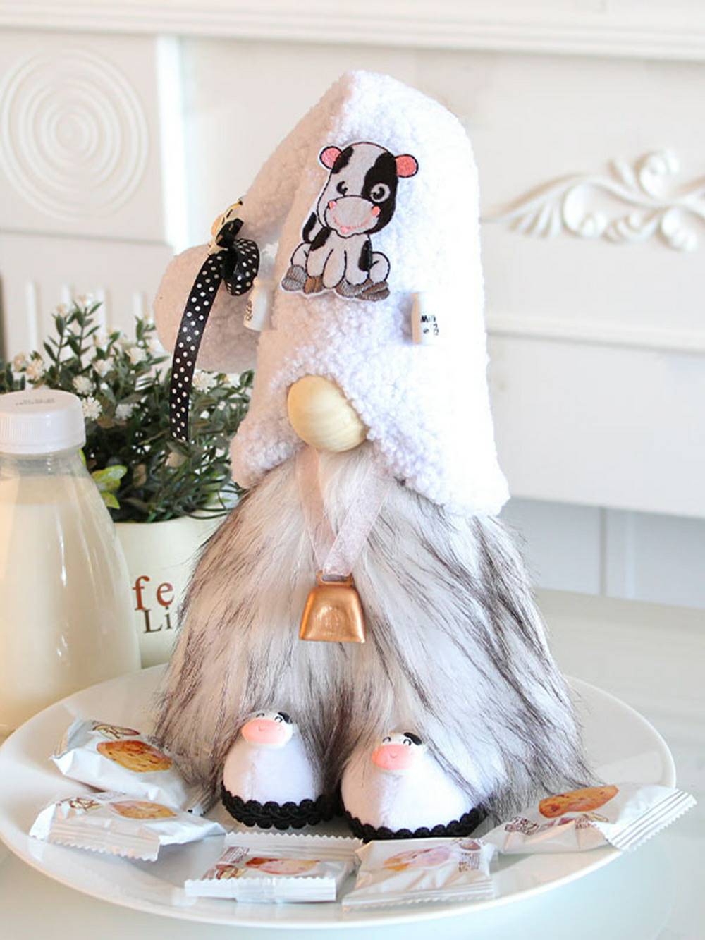 Christmas Plush Cow Elf Decor: Jingle Bell Standing Gnome