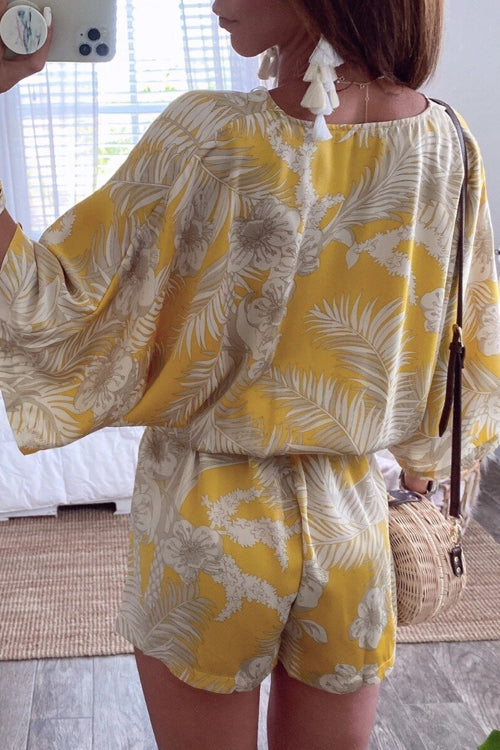 Kimono V Neck Leaf Print Wrapped Batwing Romper In Yellow