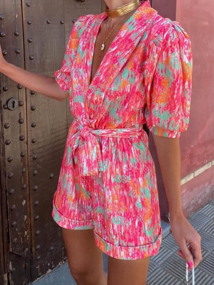 Candy Floral Puff Sleeves Romper In Pink