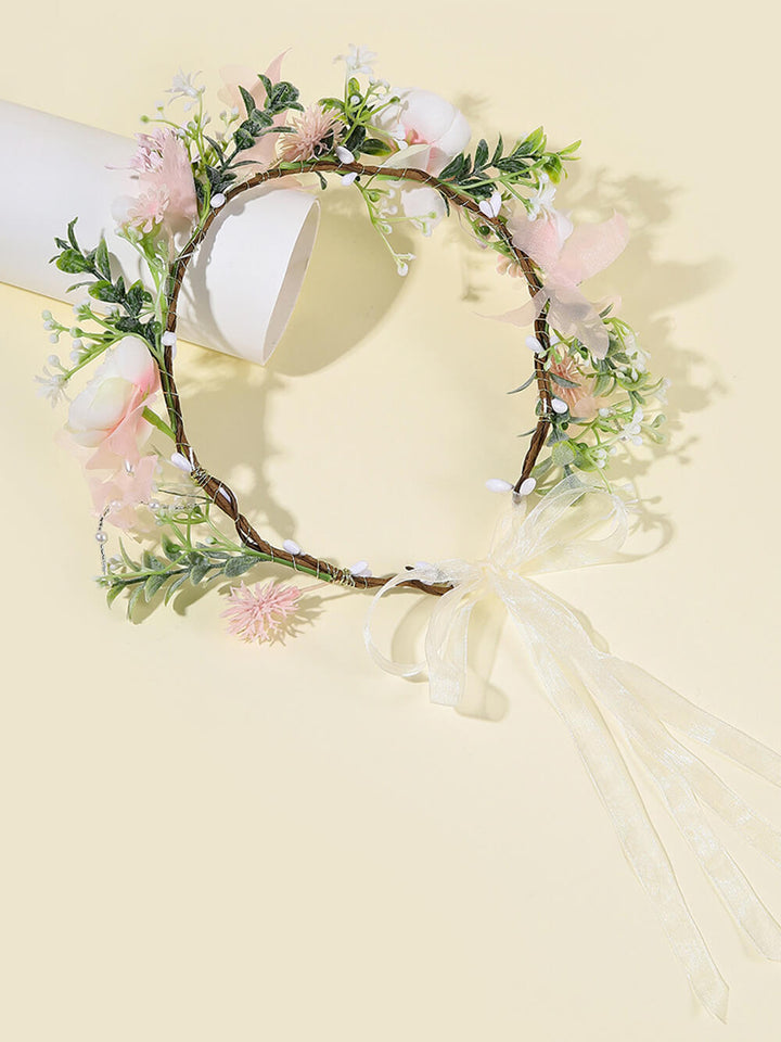 Bruidsbloemkroon - Roze Dahlia Chrysant & Witte Rozen