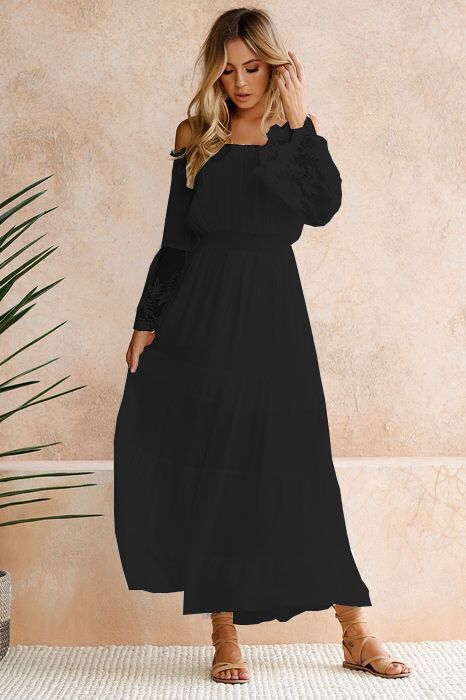 Shoulder Maxi Dress: Embroidered Off Lace Flared Sleeve