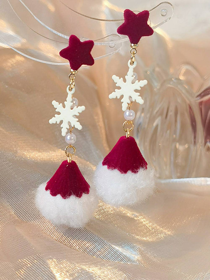 Snowflake Red and White Pom-Pom Earrings