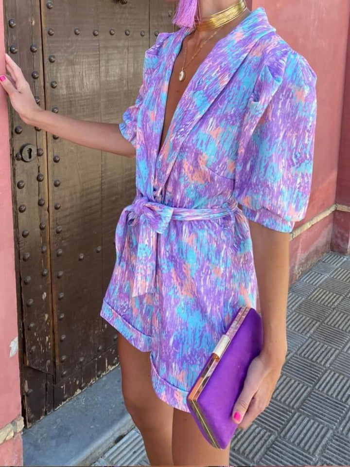 Candy Floral Puff Sleeves Romper In Purple