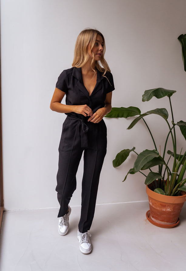 Black Belted Button Down Jumpsuit