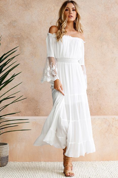 Shoulder Maxi Dress: Embroidered Off Lace Flared Sleeve
