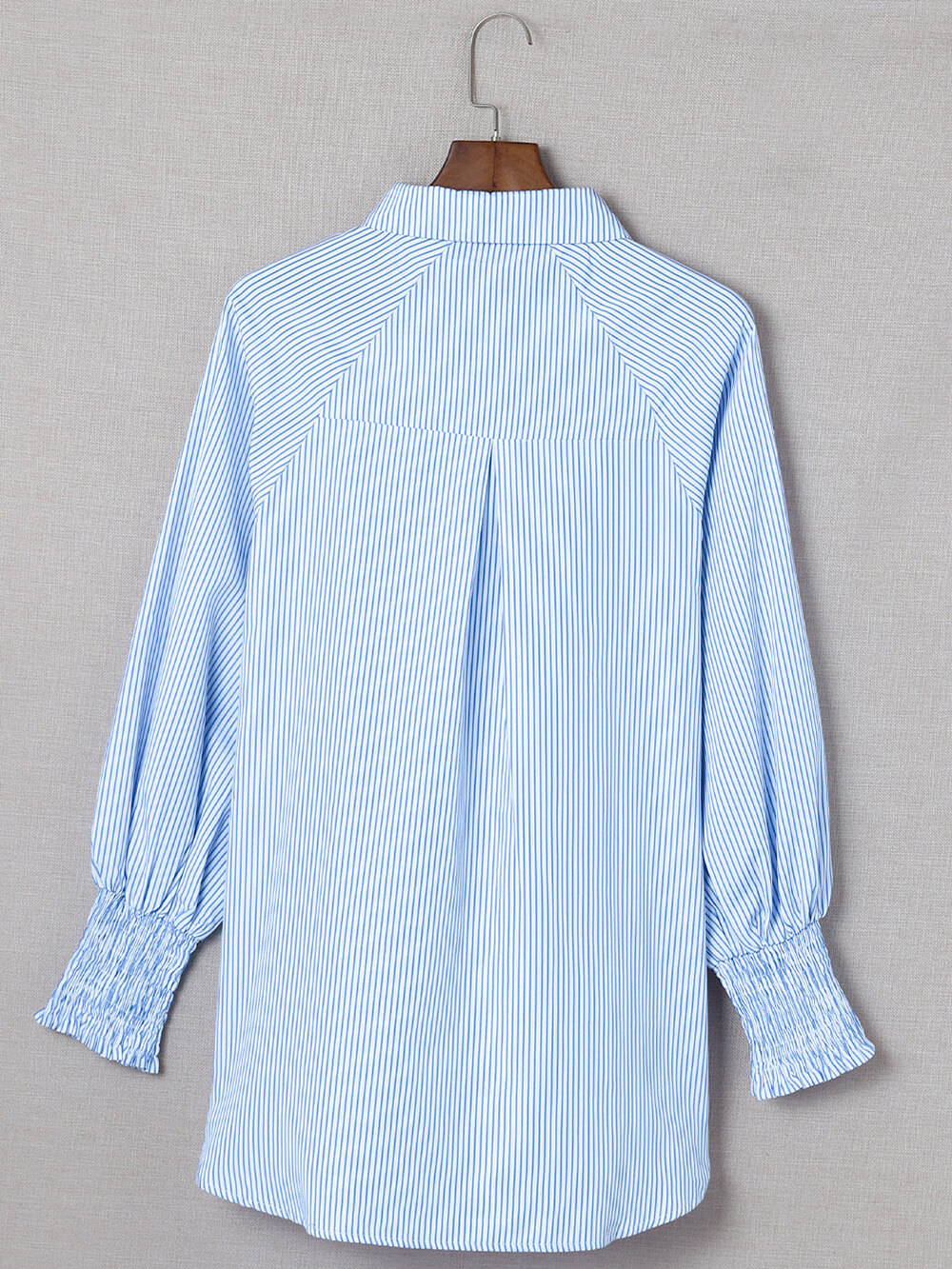 Sky Blue Smocked Cuffed Striped Boyfriend Shirt with Pocket