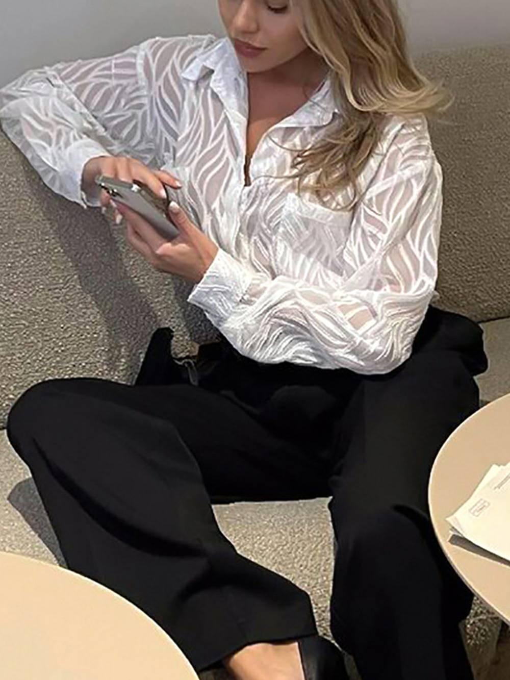 White Women Blouses Thin Lapel Elegant Long Sleeve Shirts