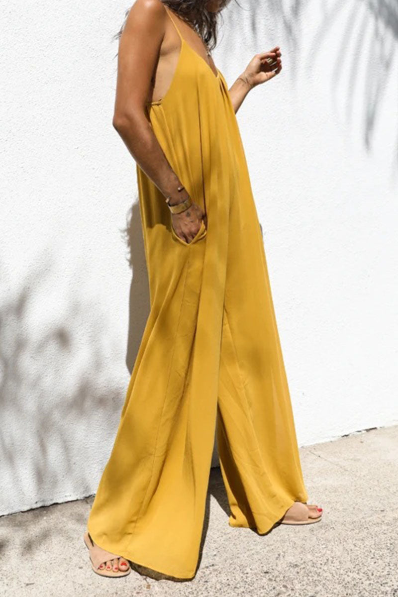 Solid Patchwork Spaghetti Strap Oversized Maxi Jumpsuit In Yellow