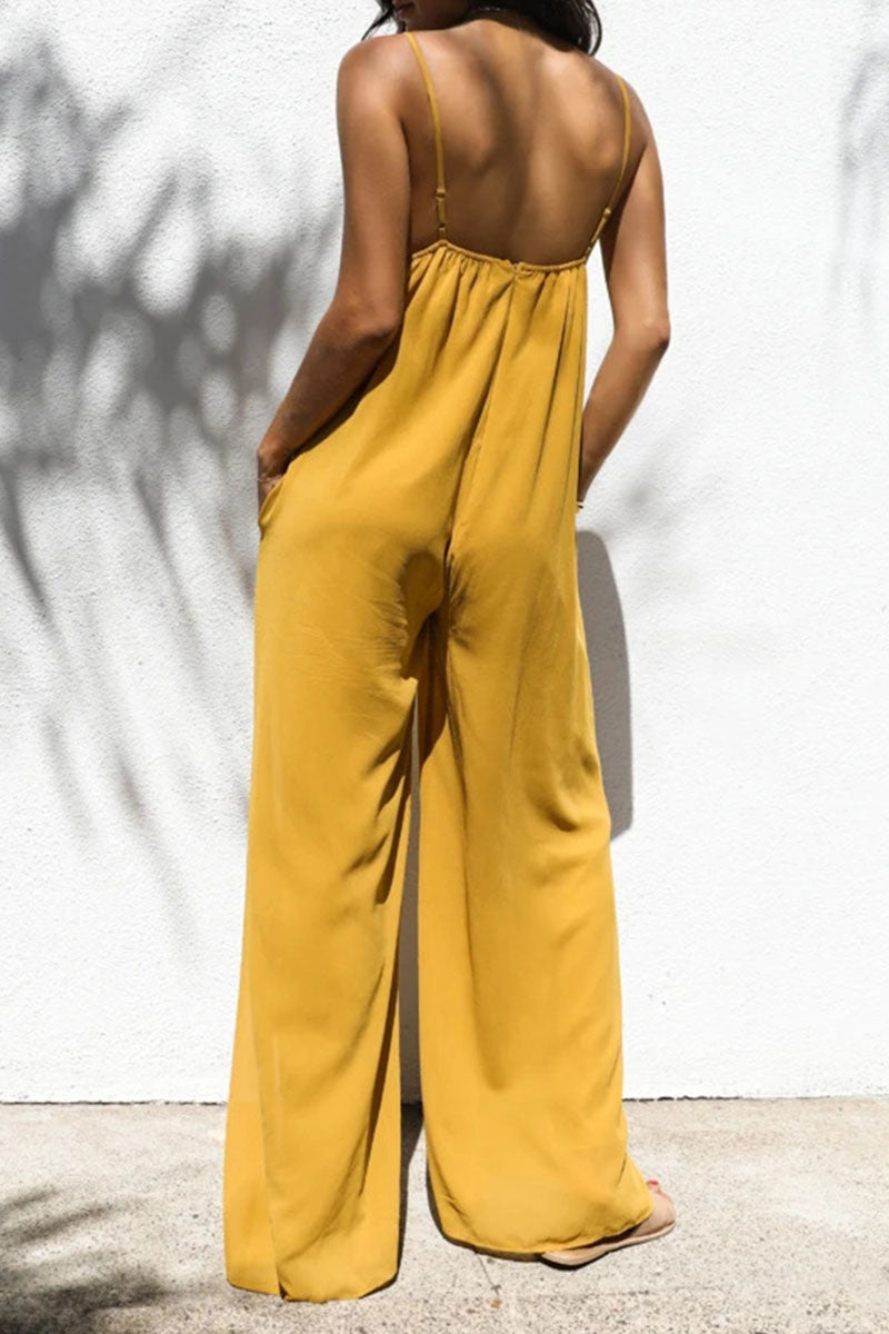 Solid Patchwork Spaghetti Strap Oversized Maxi Jumpsuit In Yellow