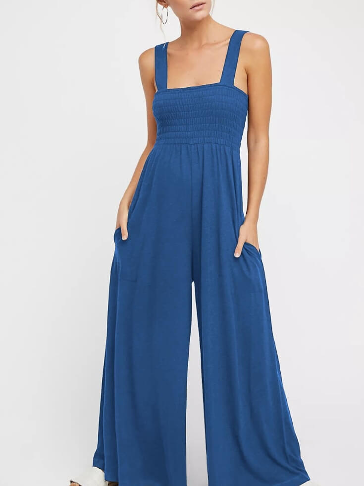 Smocked Pocketed Jumpsuit In Dusty Blue