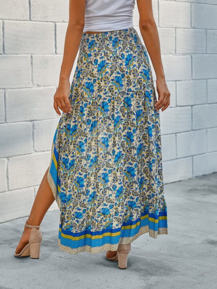 Hippie Gypsy High-Low Floral Maxi Skirt In Blue