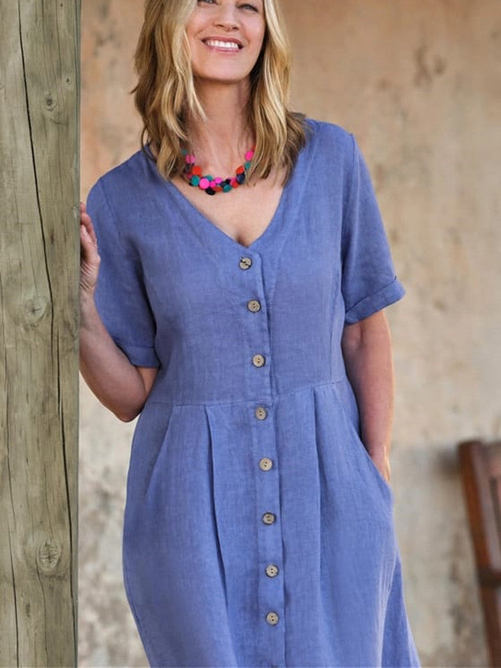 V Neck Linen Button-Down Midi Dress with Pocket In Lavender Blue