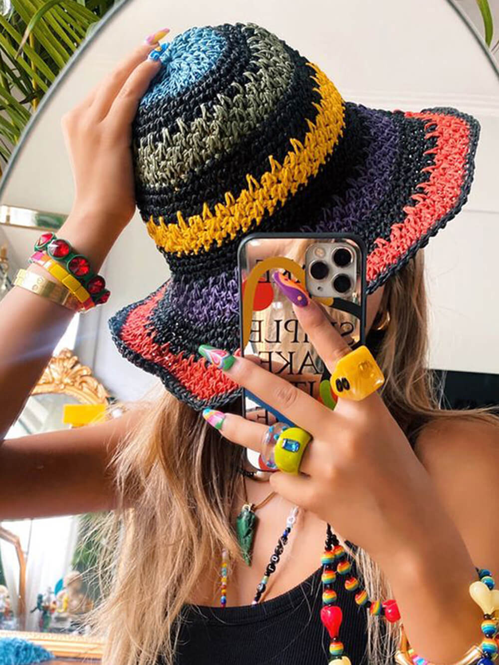 Chapeau Seau Au Crochet Rayure Arc-En-Ciel Multi Noir