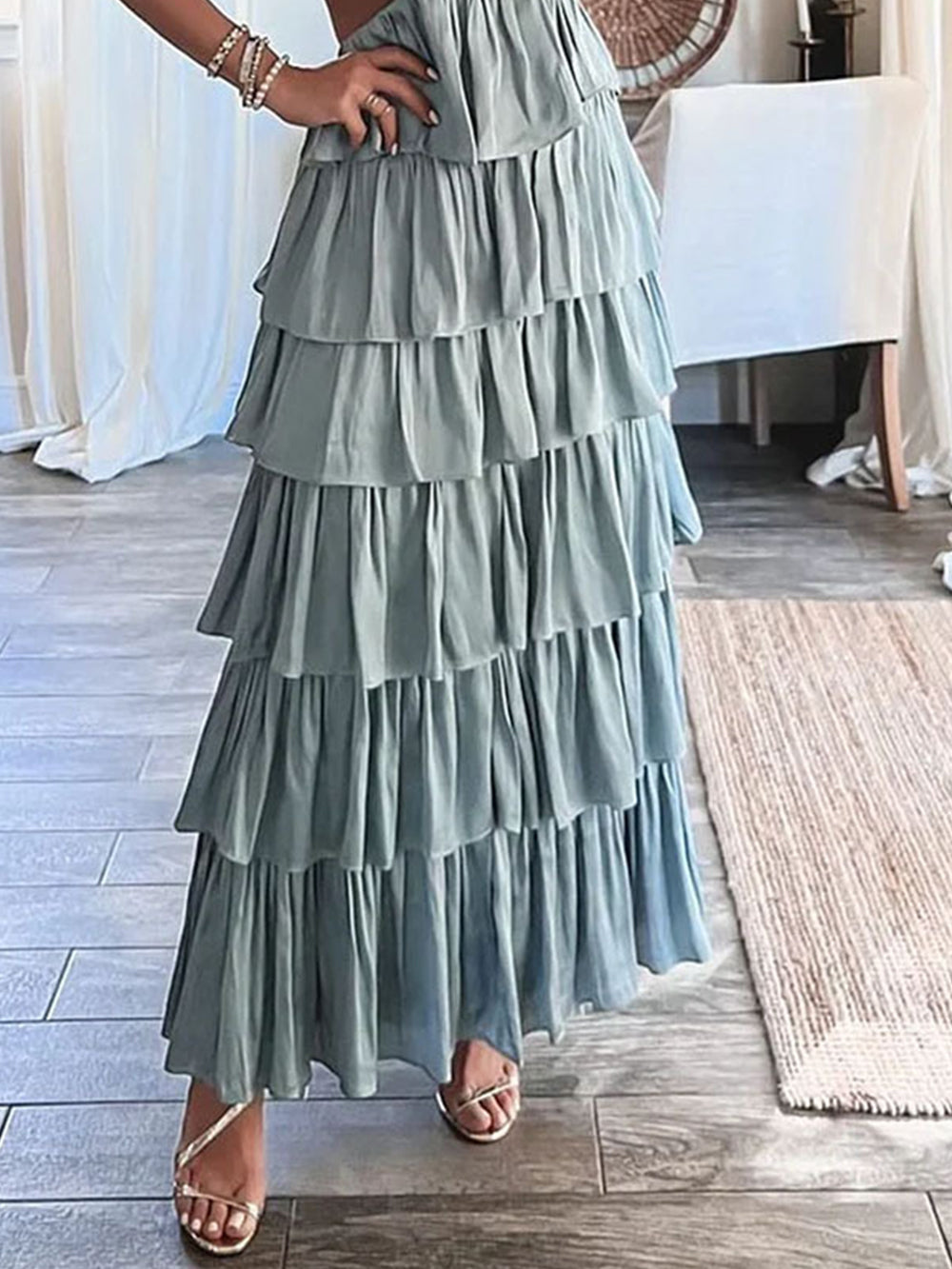 Ruched Cake Maxi Dress In Light Olive