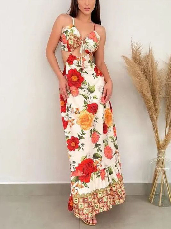 Sexy hul ryggløs kjole med slank print