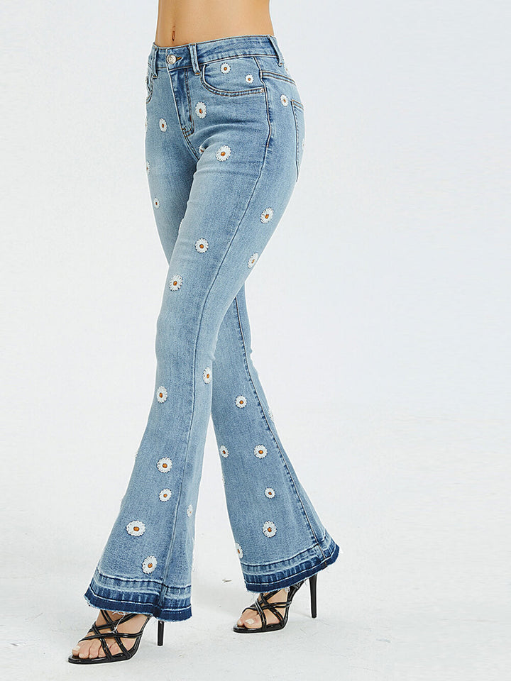 Embroidered Flared Daisy Jeans