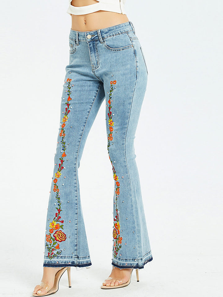 Embroidered Denim Wide-Leg Jeans