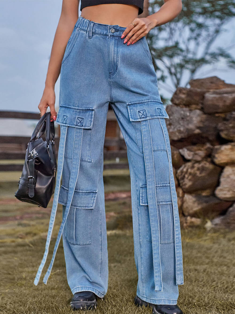 Washed Ribbon Denim Cargo Jeans