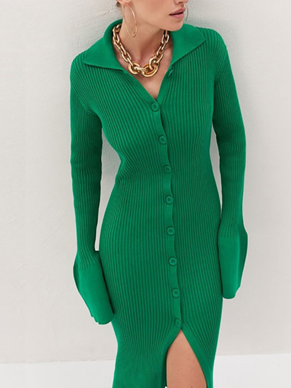 V-Neck Long Bell Sleeve Sweater Maxi Dress