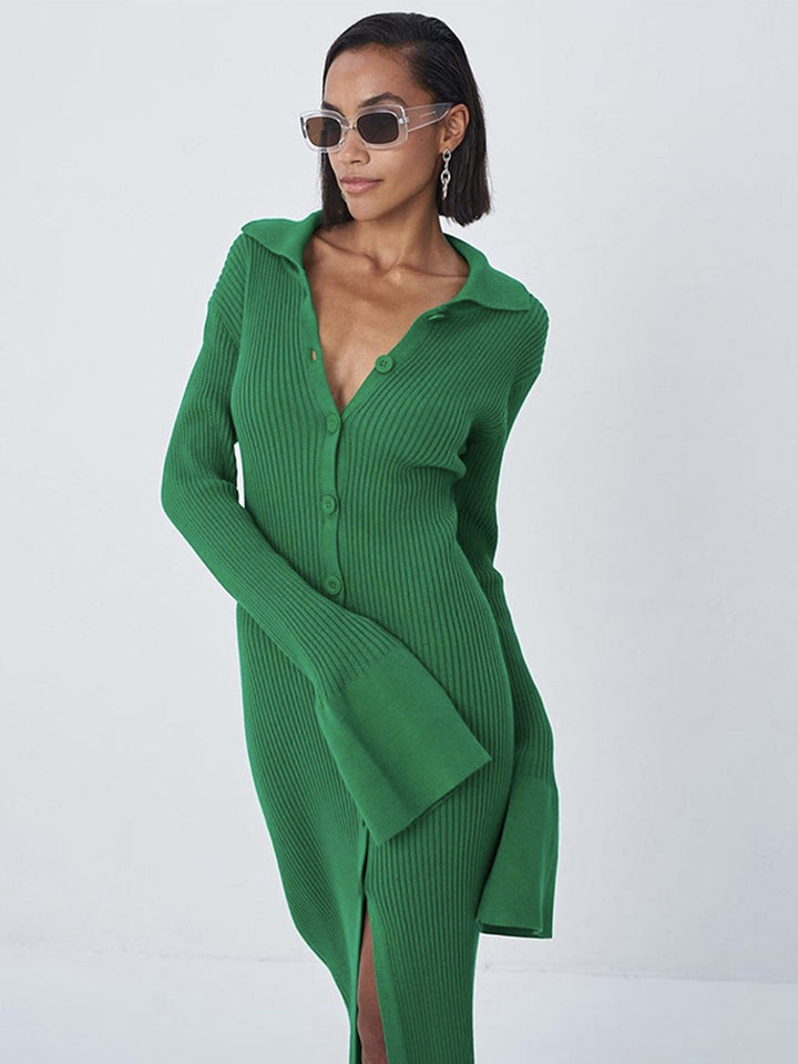 V-Neck Long Bell Sleeve Sweater Maxi Dress