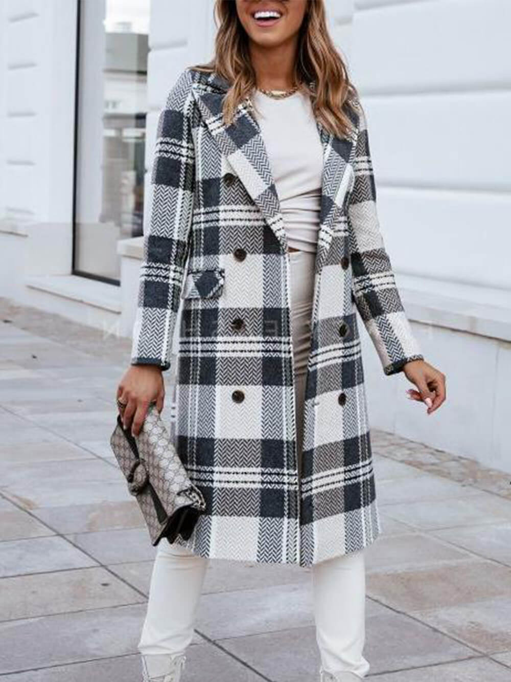 Checked Double-Breasted Pea Coat With Flap
