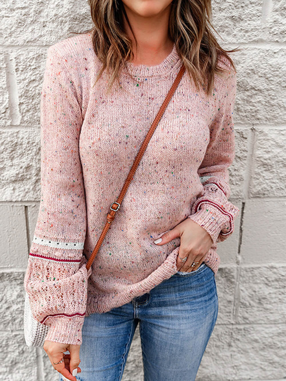 V-Neck Sweater Blush Wool-Cashmere Dots Knit