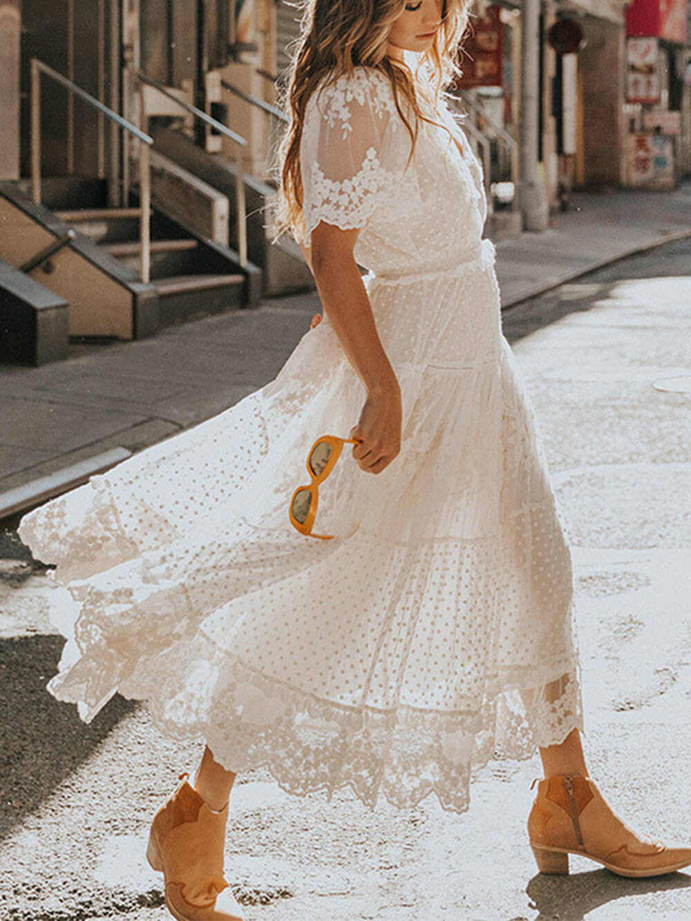 V-Neck Short-Sleeve Lace Maxi Dress