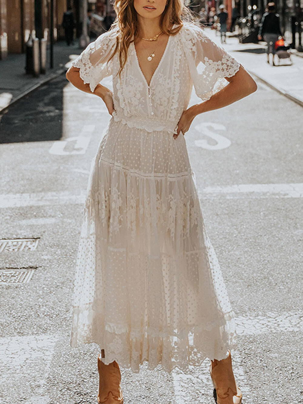 V-Neck Short-Sleeve Lace Maxi Dress