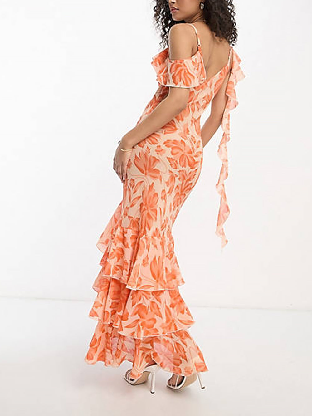 Shoulder Asymmetric Maxi Dress In Orange Floral Jacquard