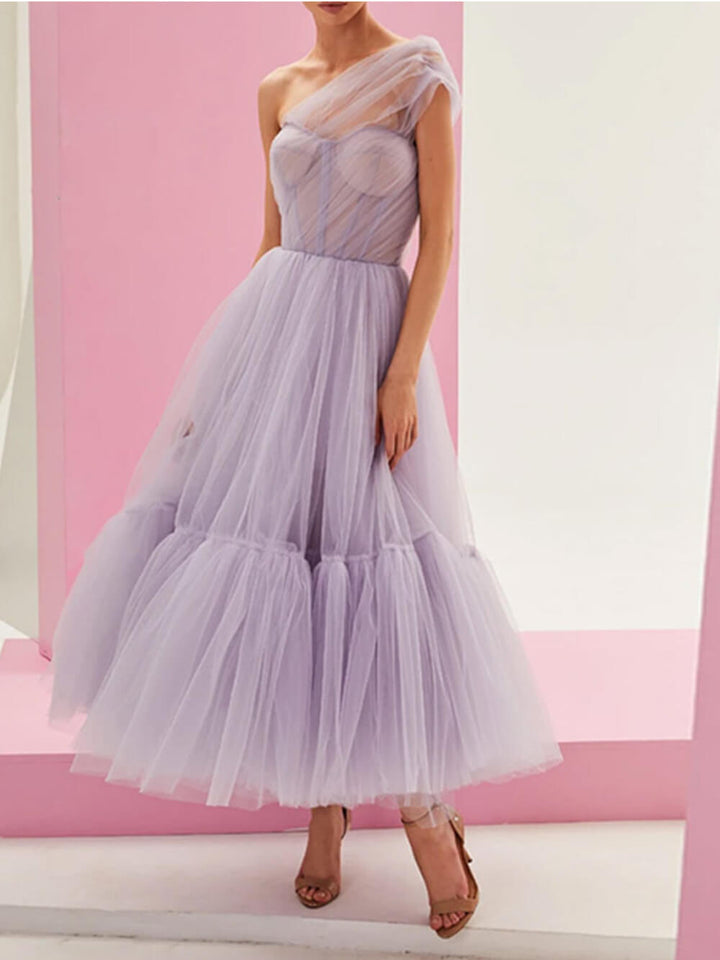Off-Shoulder Solid Color Elegant Gauze Midi Dress