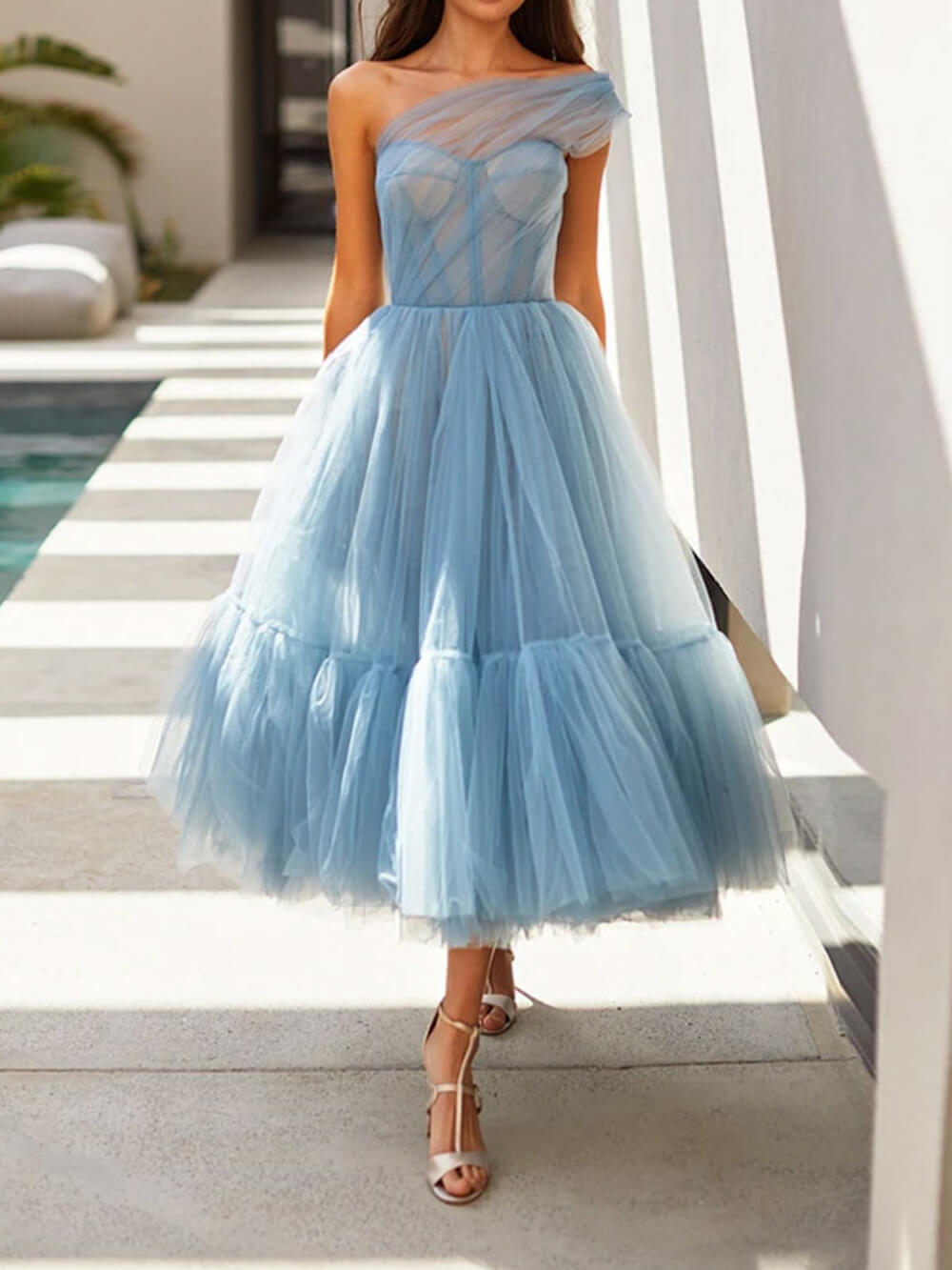 Off-Shoulder Solid Color Elegant Gauze Midi Dress
