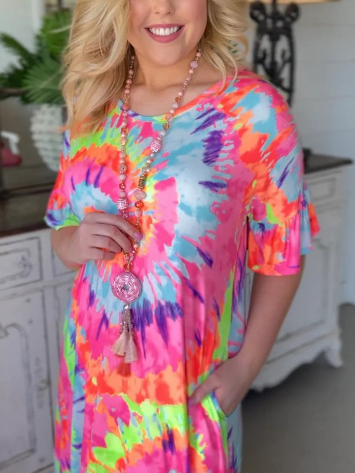 Tie-dye posisjonering tilfeldig V-hals pullover skjørt kortermet langt skjørt